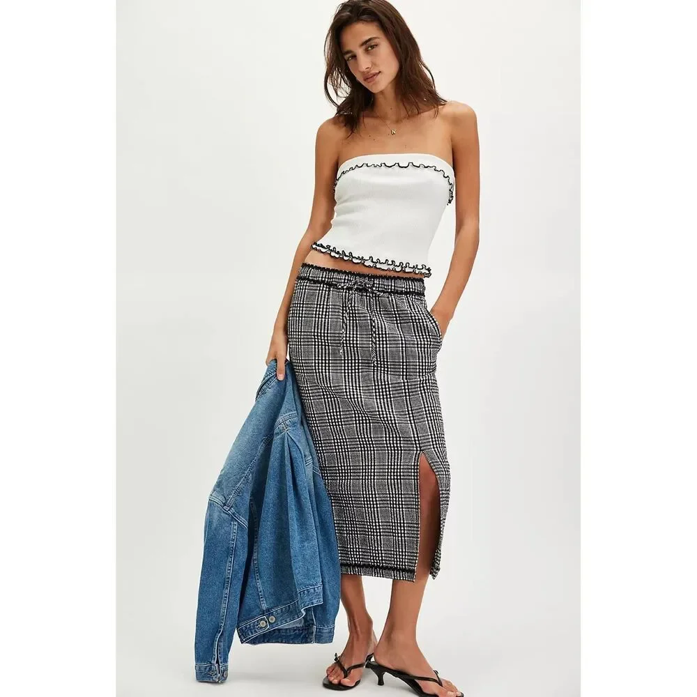 Free People Penelope Gingham Midi Skirt Column Style Mid Rise Cotton M 284712